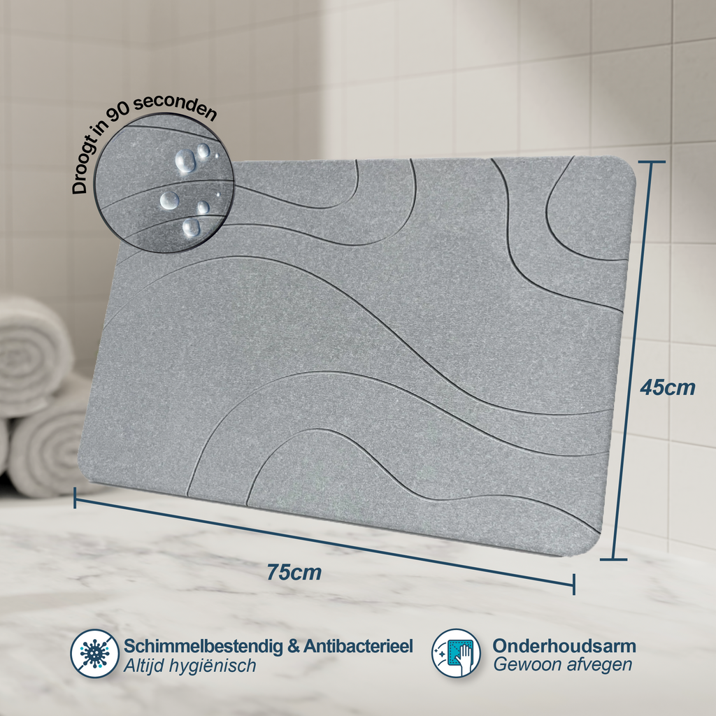 XL Diatomity Stone Bath Mat - Natierlech séier dréchent - Hygiënesch - Anti-Schimmel a stilvoll 75x45cm
