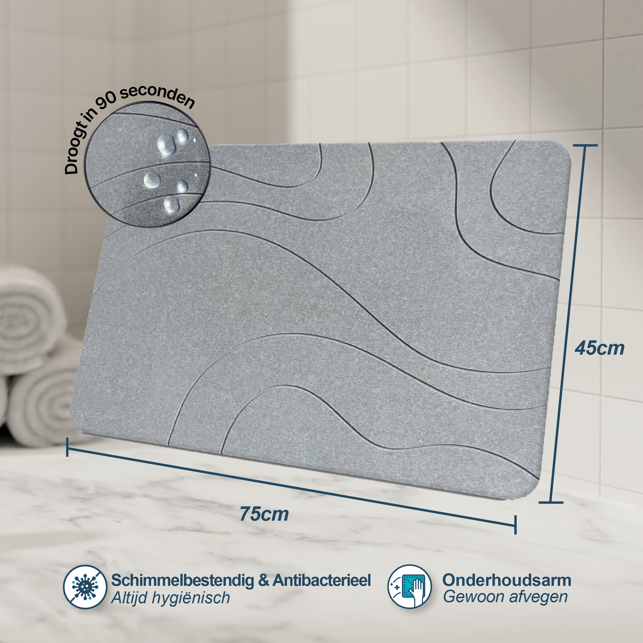 XL Diatomity Stone Bath Mat - Natierlech séier dréchent - Hygiënesch - Anti-Schimmel a stilvoll 75x45cm