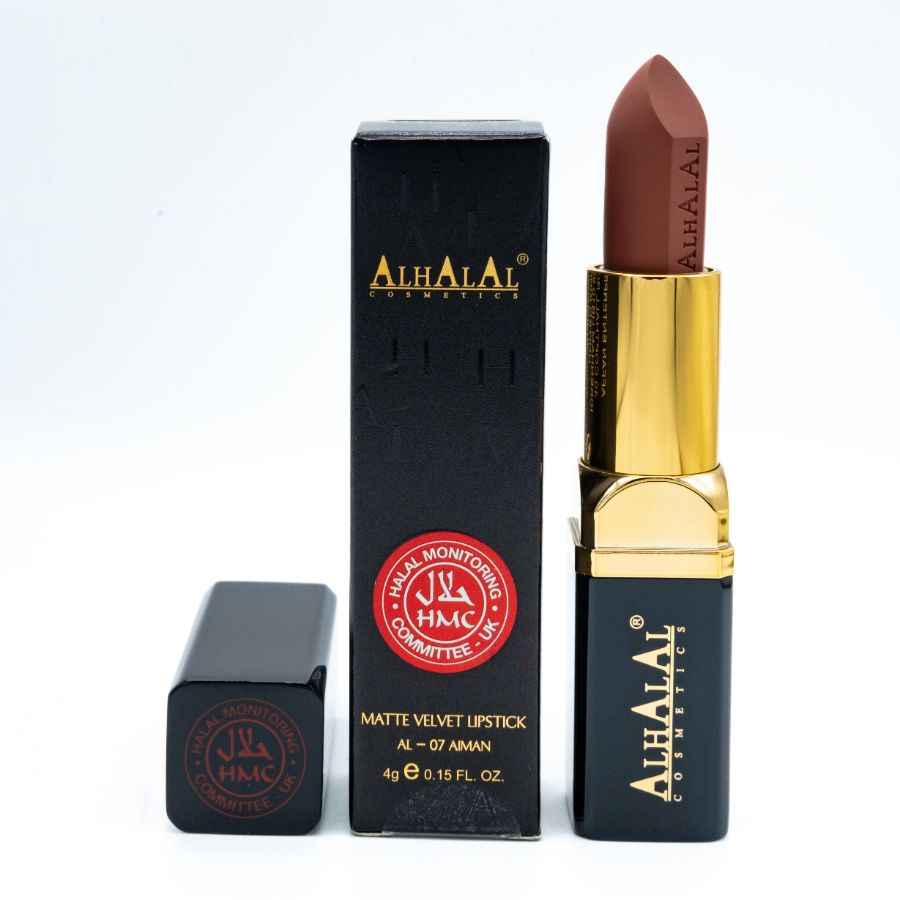 Alhalal Kosmetik LIPPESNTIFT BRONG matte Samtlippenstëft mat gëllener Hülle a schwaarzer Verpakung