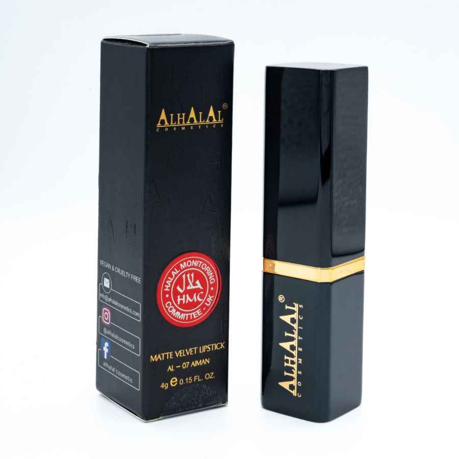 Alhalal Kosmetik matte Velvet Lippenstift LIPPESNTIFT BROWN an enger luxuriéiser schwaarzer Verpackung