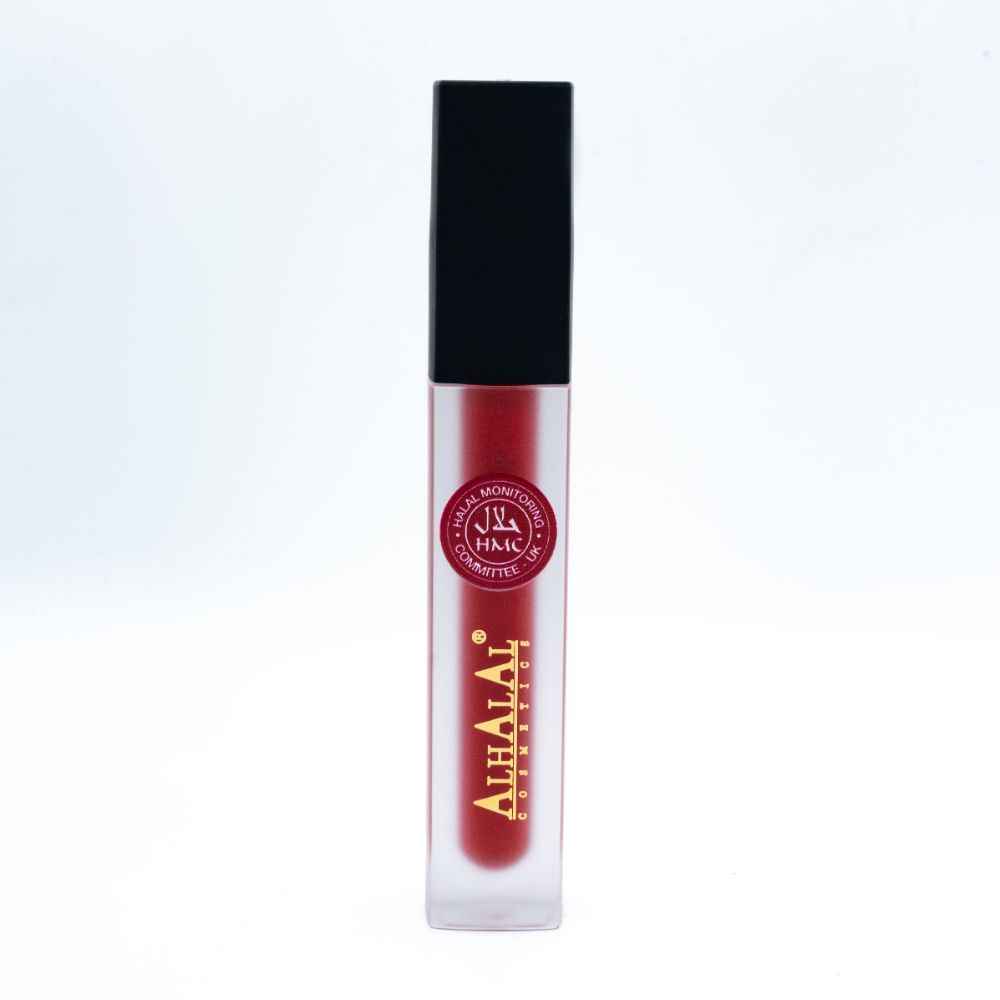 Alhalal Cosmetics glat flëssege Lëppestëft an engem roude Schied mat schwaarzem Deckel