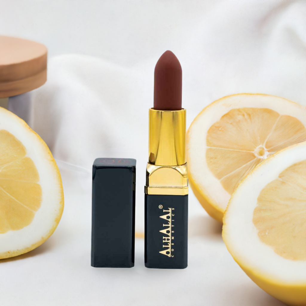 Alhalal Cosmetics Samtlippenstëft am déifroude Schied mat gëllenen a schwaarze Ärmelen nieft der Zitroun