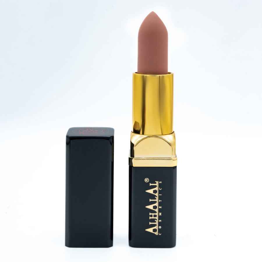 Alhalal Cosmetics Samtlippenstift an engem elegante BEIGE LIPPENSTIFTFAARF mat gëllene Detailer