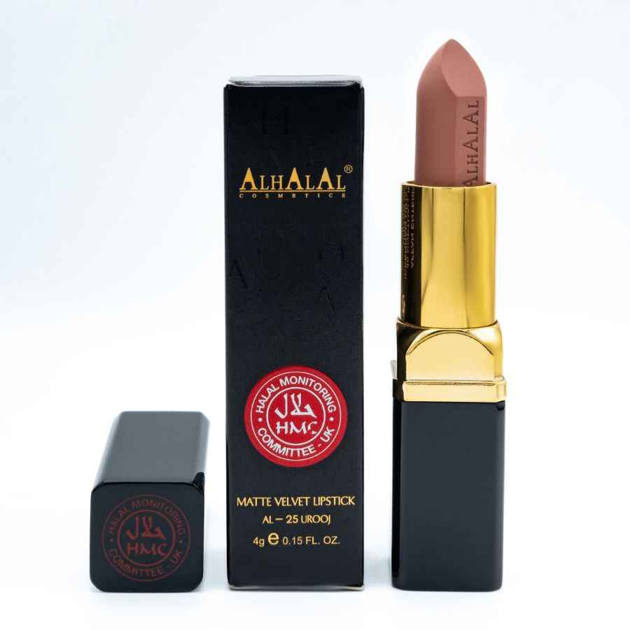 Beige Lëppestëfter vun Alhalal Cosmetics mat seidegem Samtfinish a luxuriéiser Verpackung