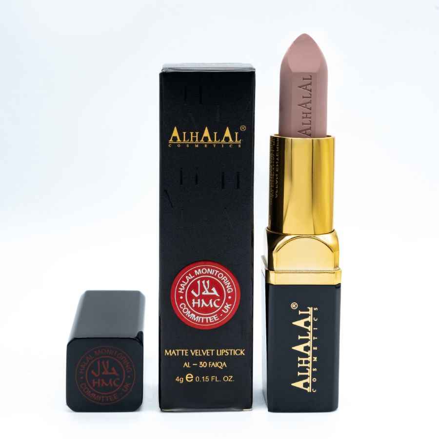 Alhalal Kosmetik matte samtbrong Lëppestëft mat gëllene Ärmel a schwaarzer Verpackung