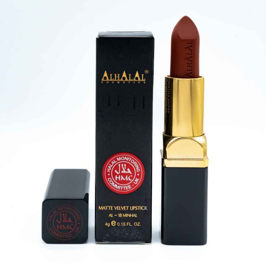 Alhalal Cosmetics matte Velvet Lippenstift an engem bronge Schied mat gëllener a schwaarzer Verpackung BRONG ORANGE LËPPESTËFT