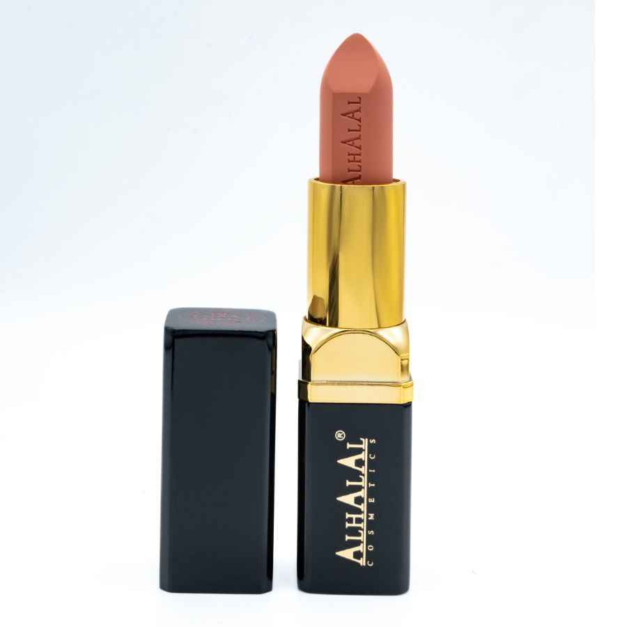 Alhalal Cosmetics Samtlippenstift an engem elegante bronge Faarf mat gëllener Ärmel
