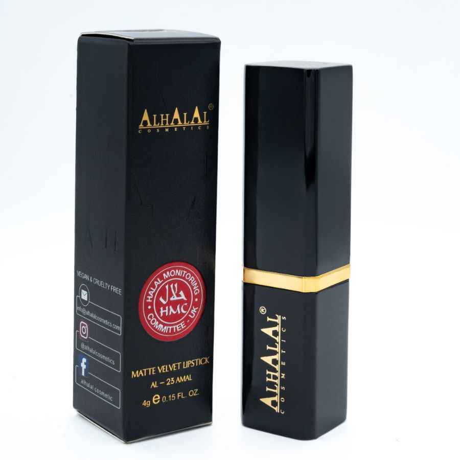 Alhalal Cosmetics brong Samtlippenstëft an schwaarzer Luxusverpackung mat gëllene Akzenter