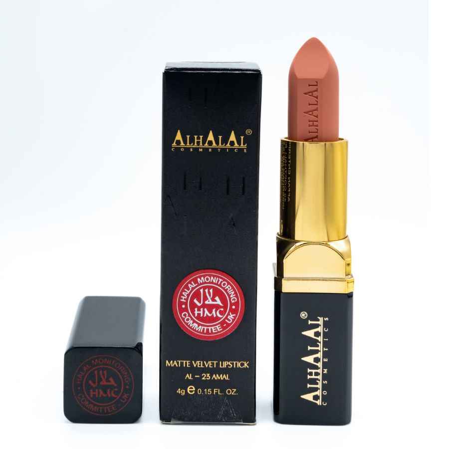 Braun, matte Samtlippenstëft vun Alhalal Cosmetics mat gëllener Hülle a schwaarzer Verpakung