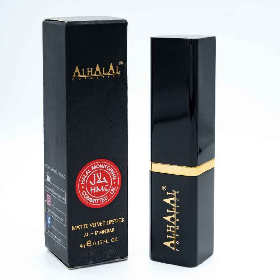 Alhalal Cosmetics matte Velvet Lippenstift an schwaarzer Verpackung fir donkel Lëpsen DARK LIPSTICK