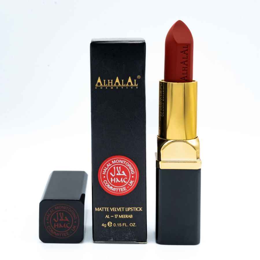 Däischter Lëppestëft vun Alhalal Cosmetics am matte Velvet Finish mat luxuriéiser schwaarzer a gëllener Verpakung