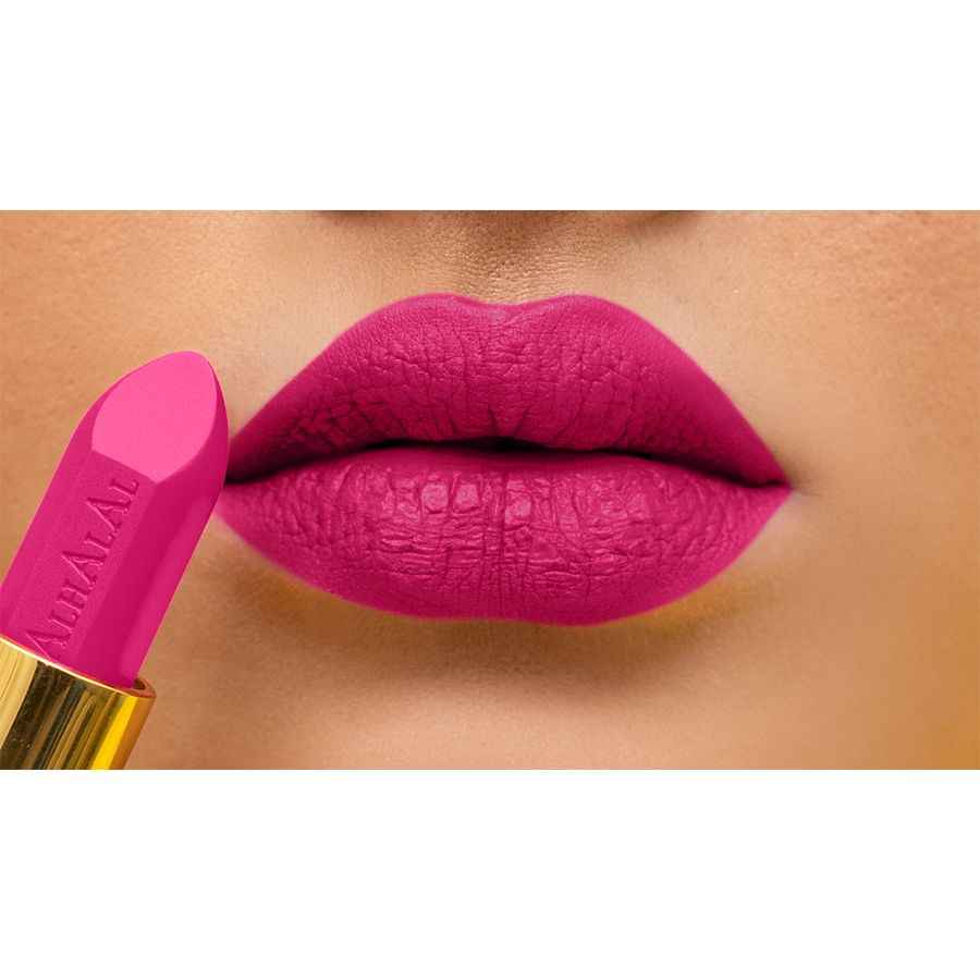 Alhalal Cosmetics Samtlippenstëft a fuchsiafarbener Faarf mat mëller, voller Deckung a GRAUER Lëppestëft-Qualitéit