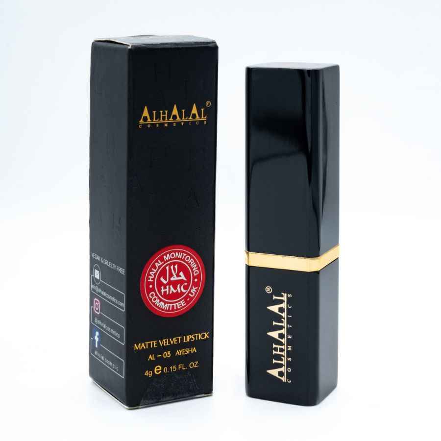 Alhalal Cosmetics matte Velvet Lippenstiftverpackung a Sleeve a schwaarz mat gëllene Akzenter GREY Lipstick