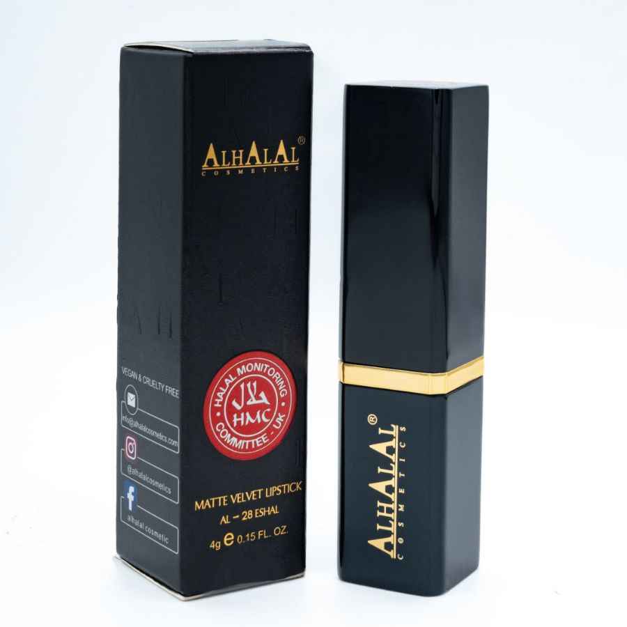 Alhalal Kosmetik matte VELVET LIPSTICK am schwaarze Case mat gëllenem Akzent a Verpakung