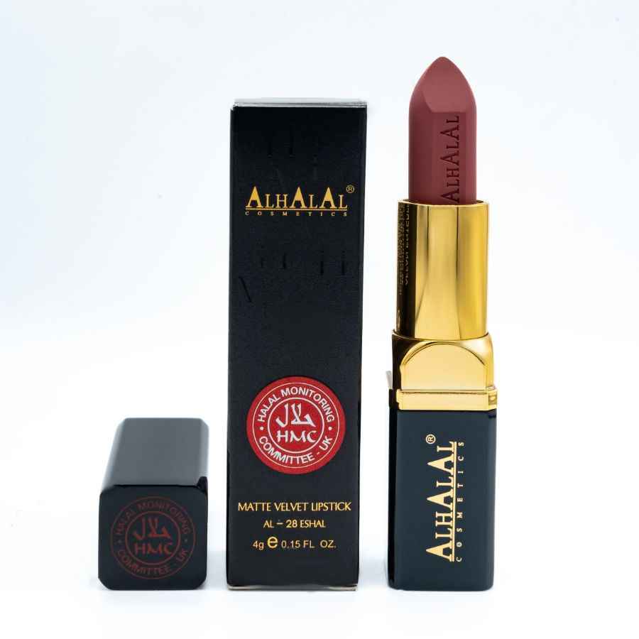Alhalal Cosmetics Samtlippen-Tift am matte Samtfinish mat schwaarzer a gëllener Verpakung