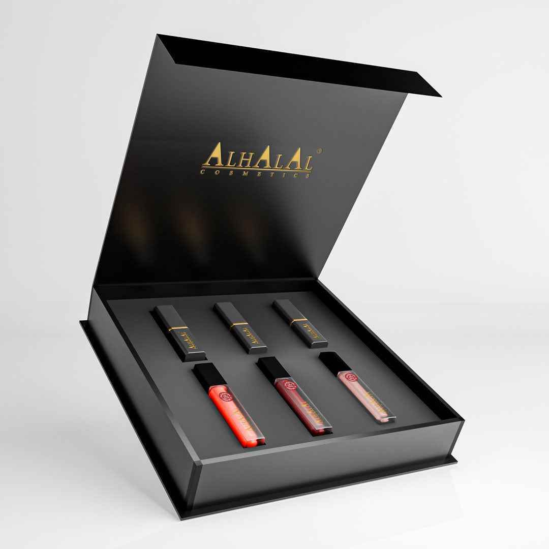 Alhalal Cosmetics Lëppestëft-Geschenkset mat dräi verschiddene Lëppestëften an enger luxuriéiser schwaarzer Verpackung