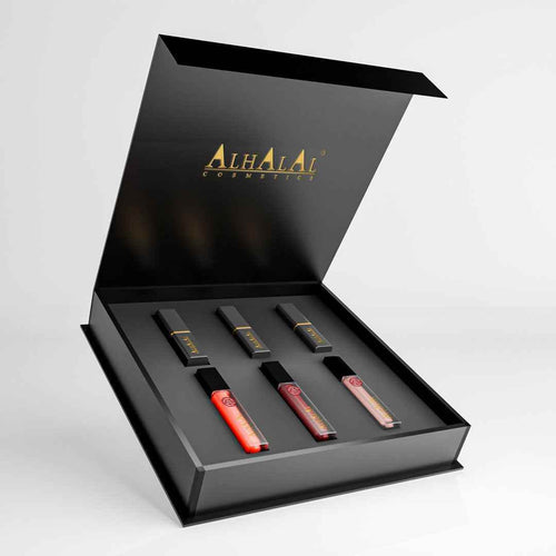 Alhalal Cosmetics Lëppestëft-Geschenkset mat dräi verschiddene Lëppestëften an enger luxuriéiser schwaarzer Verpackung