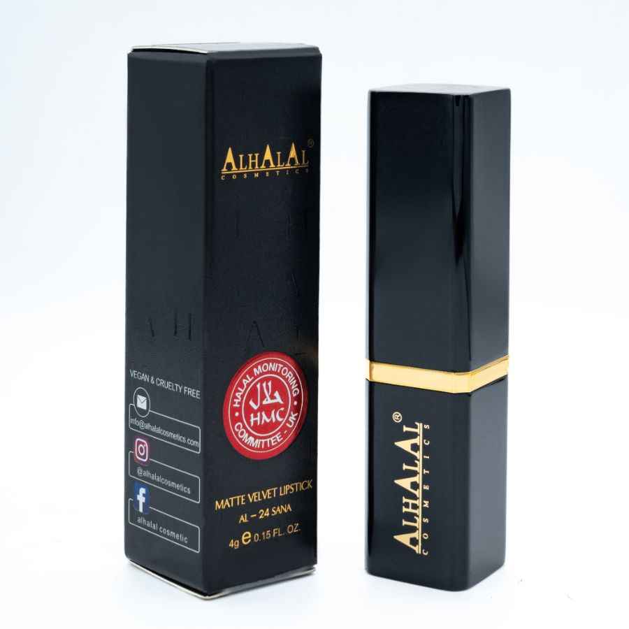 Alhalal Kosmetik matte velvet Lëppestëft lila an schwaarzer Luxusverpackung
