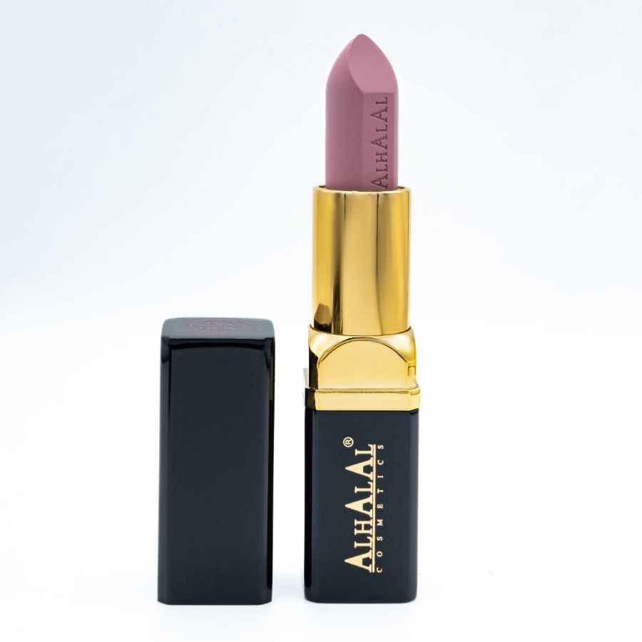 Alhalal Cosmetics Samtlippenstift lila a schwaarz a gëllene Case fir eng laang dauerhaft Faarf