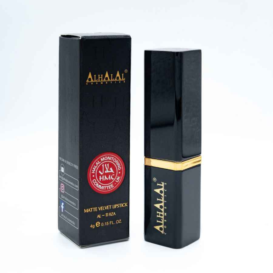 Alhalal Cosmetics matte Velvet Lippenstift rosa an der schwaarzer Verpackung a Sleeve mat gëllene Detailer