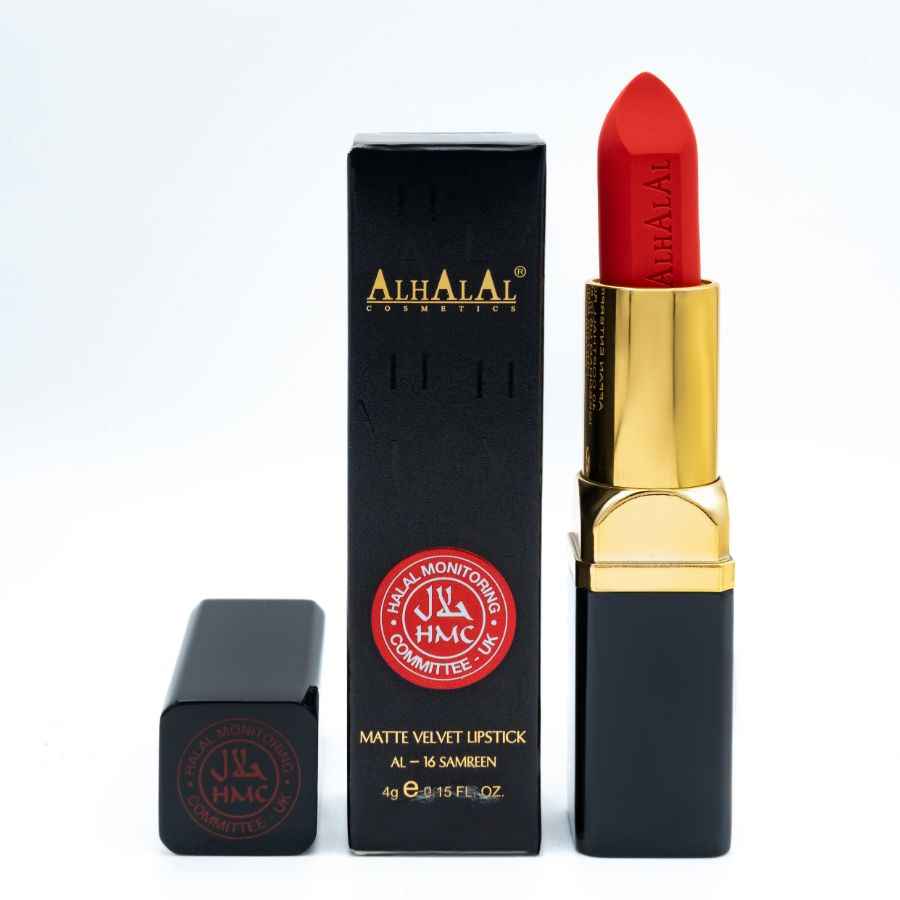 Alhalal Kosmetik MILANO LIPSTICK matte Samtlippenstëft a räicher rouder Faarf mat schwaarzer a gëllener Verpackung