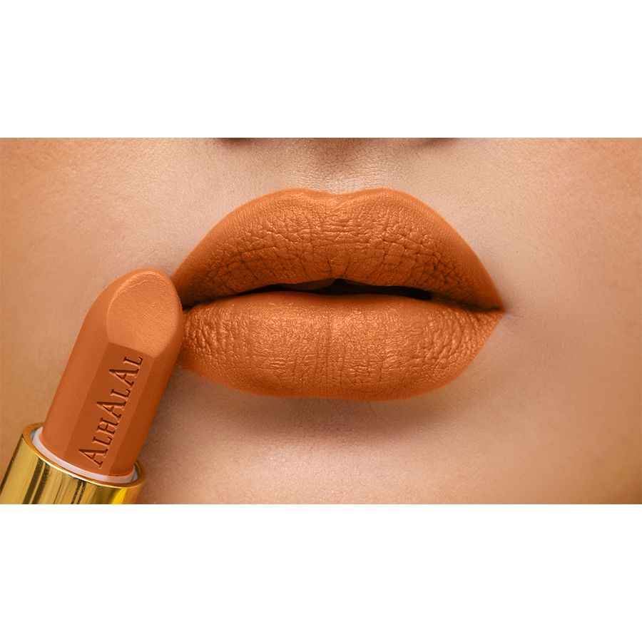 Alhalal Kosmetik ORANGE LIPSTICK Samtlippenstëft mat mattem Finish op volle Lëpsen