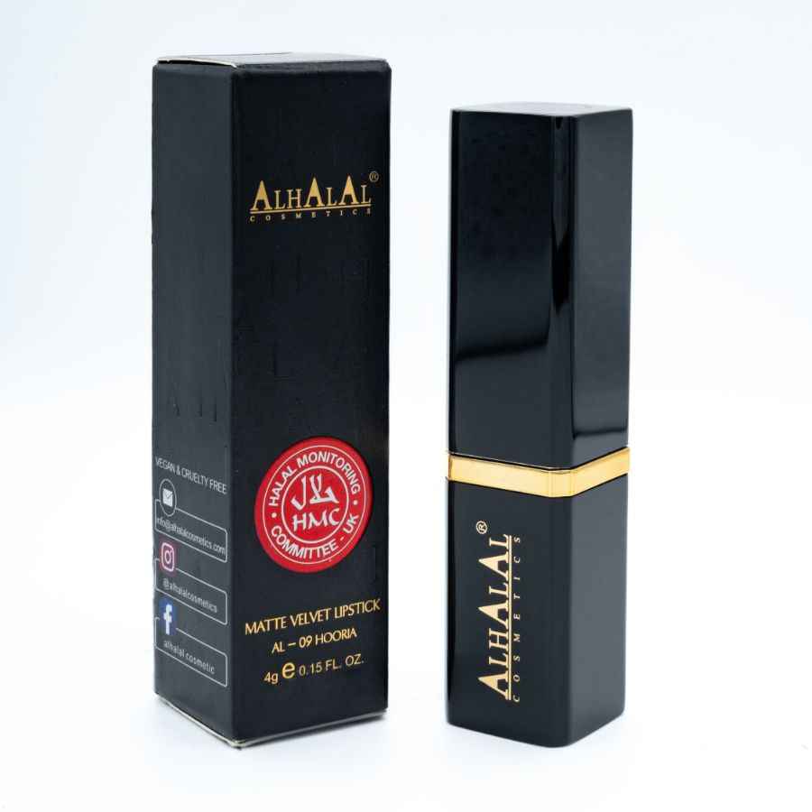 Alhalal Cosmetics matte Velvet Lippenstëftverpakung an Case schwaarz gëllen orange Lëppestëft