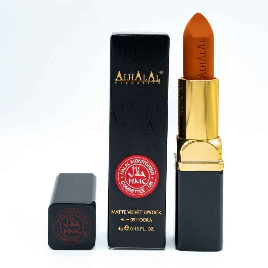 Alhalal Cosmetics matte velvet ORANGE LIPSTICK am schwaarze a gëllene Case mat Verpackung