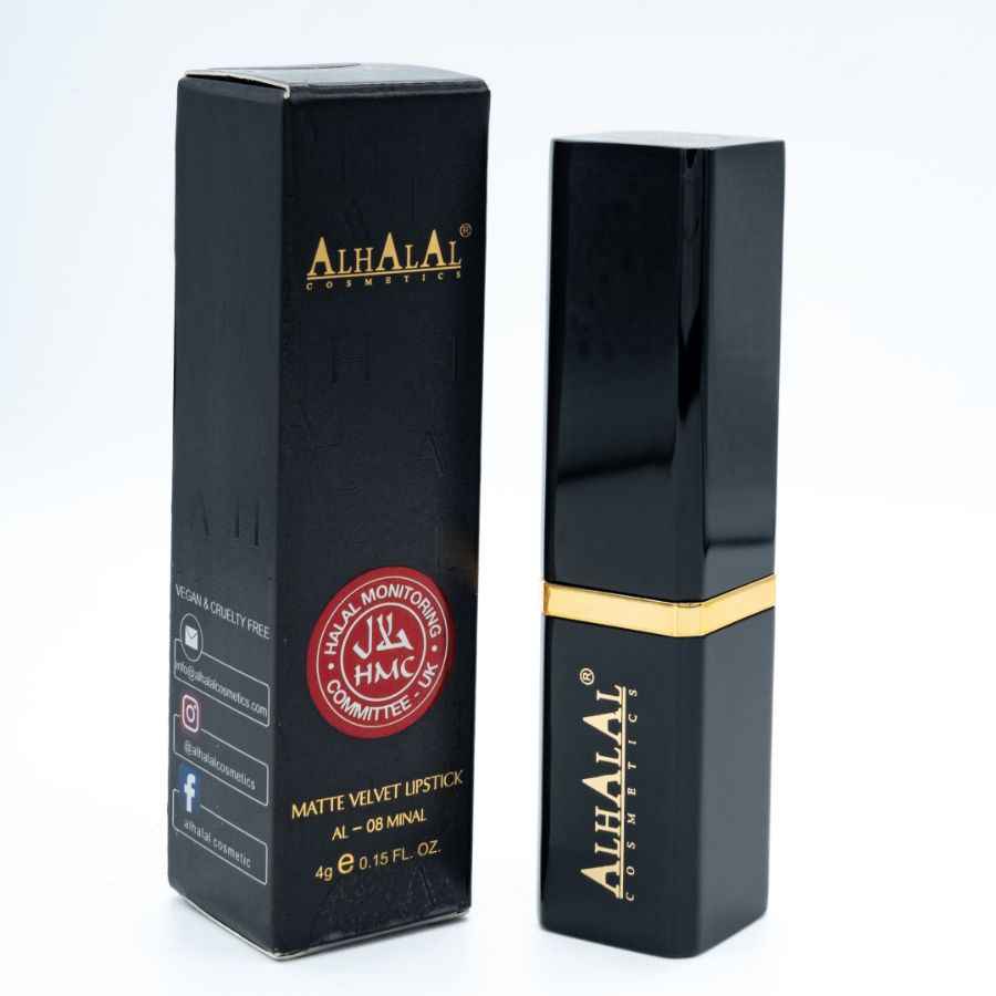 Alhalal Cosmetics schwaarze matte Velvet Lippenstëft mat gëllene Akzenter an der OLD LIPSTICK Branding