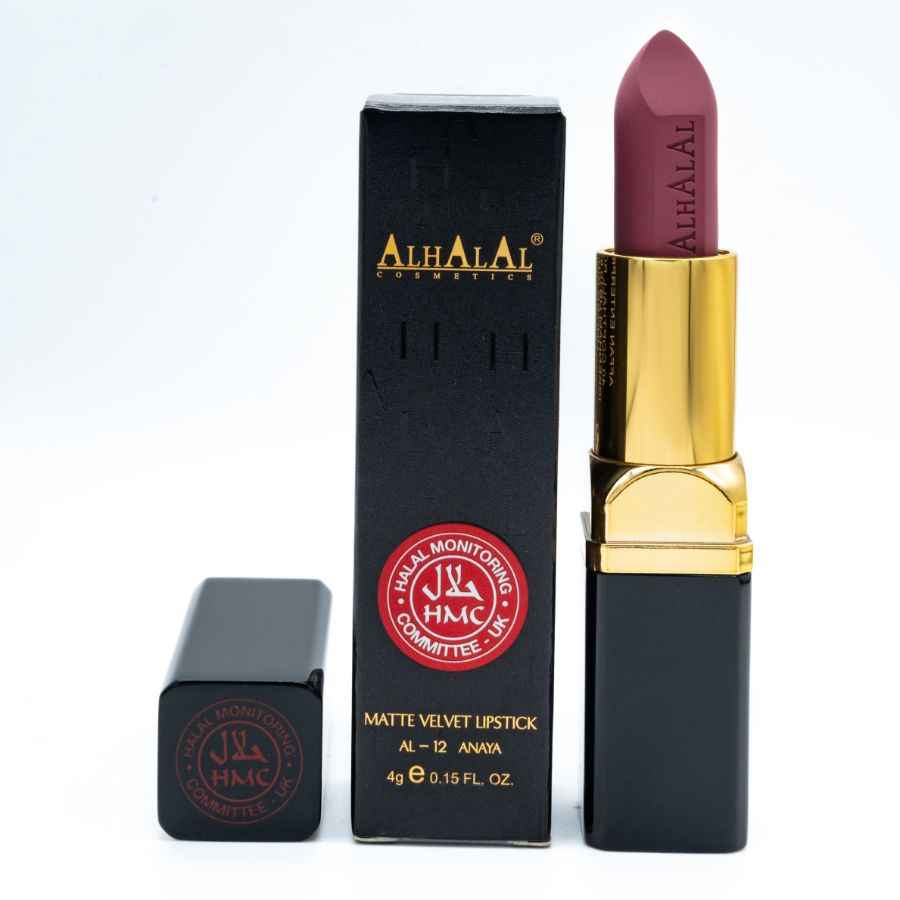 Alhalal Cosmetics lila brong Lippenstëft Samt, matte Lippenstëft mat gëllene Cover