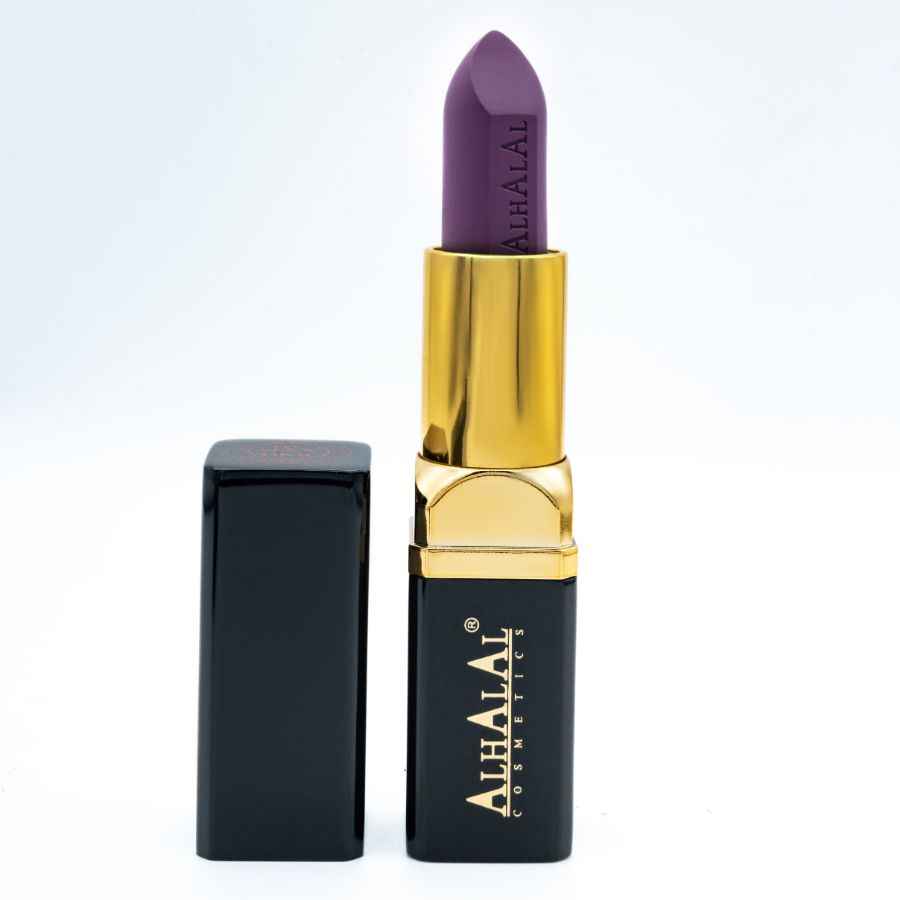 Alhalal Cosmetics Samtlippenstëft a déif violett mat luxuriéise gëllene a schwaarze Verpackung lila Lippenstëft