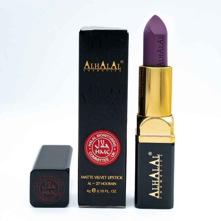PURPLE LIPSTICK vun Alhalal Cosmetics am Samtfinish mat gëllener a schwaarzer Ärmel