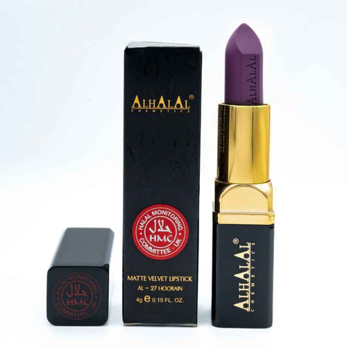 PURPLE LIPSTICK vun Alhalal Cosmetics am Samtfinish mat gëllener a schwaarzer Ärmel