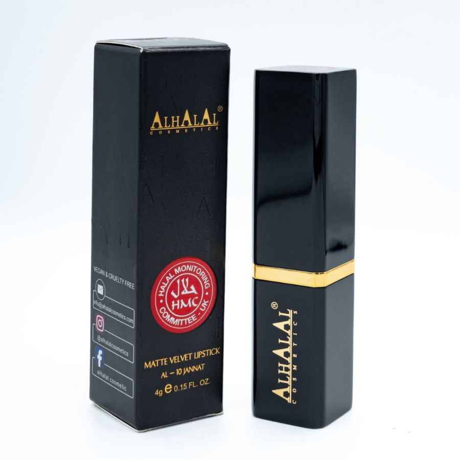 Alhalal Cosmetics Samtlippenstift mat matter Beschichtung an der schwaarzer Verpackung PURPLE LIPSTICK