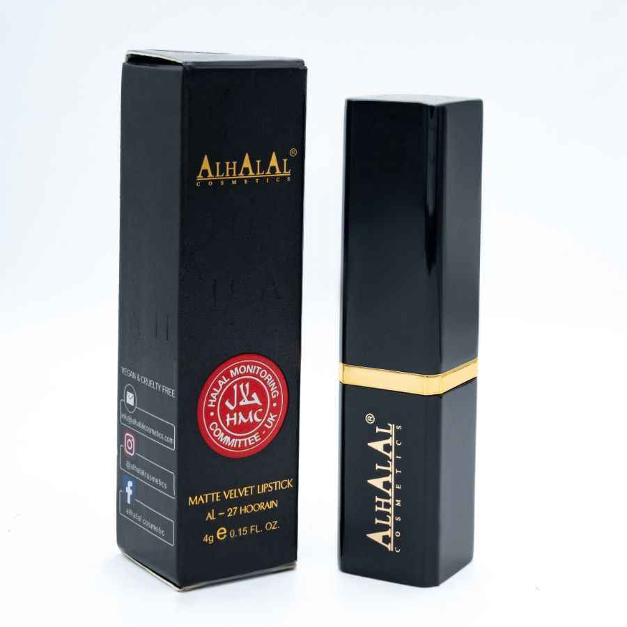 PURPLE LIPSTICK vun Alhalal Cosmetics an enger matte Velvet-Verpackung mat halal Zertifikat