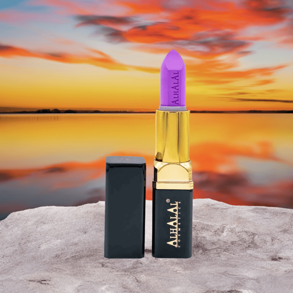 Alhalal Kosmetik PARSE LIPSTICK lila Samtlippenstëft mat gëllene Ärmel bei Sonnenënnergang