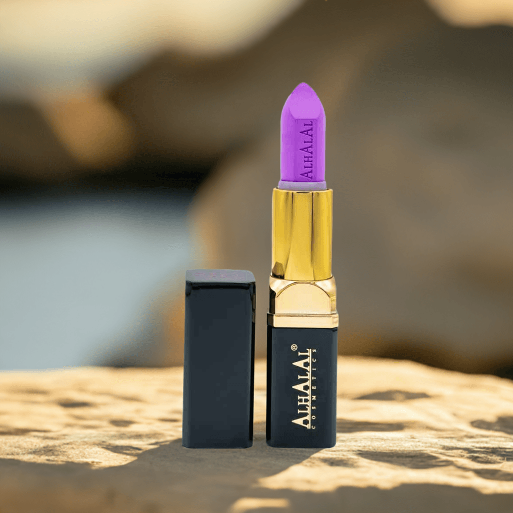 Alhalal Cosmetics lila PARSE LIPSTICK Samttextur mat gëllener a schwaarzer Hülle
