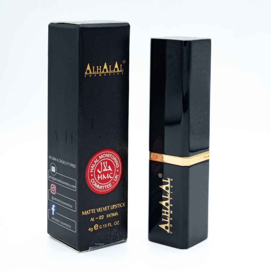 Alhalal Cosmetics schwaarz matt Samt-Lëppestëftverpakung mat PARSE LIPSTICK Branding