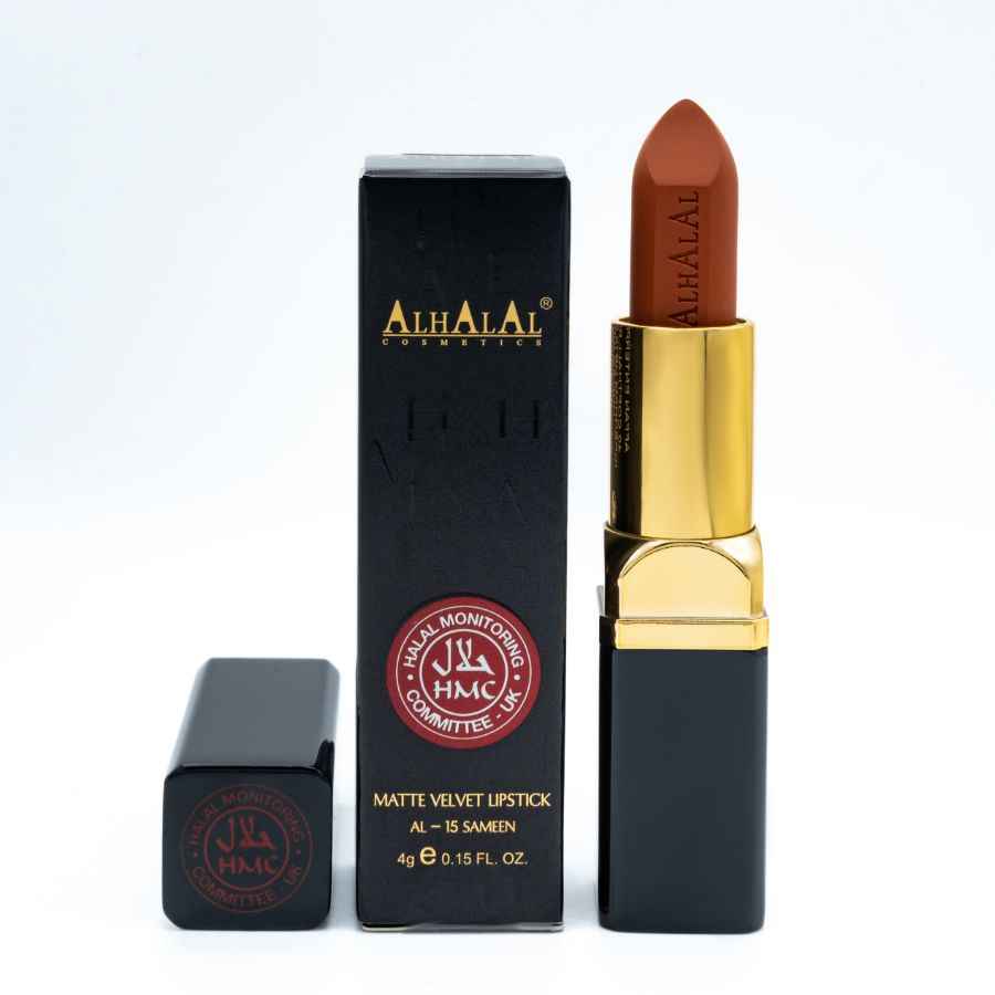 Alhalal Cosmetics matte Velvet Lippenstift a brongem Schied mat schwaarze a gëllene PEANUT LIPSTICK