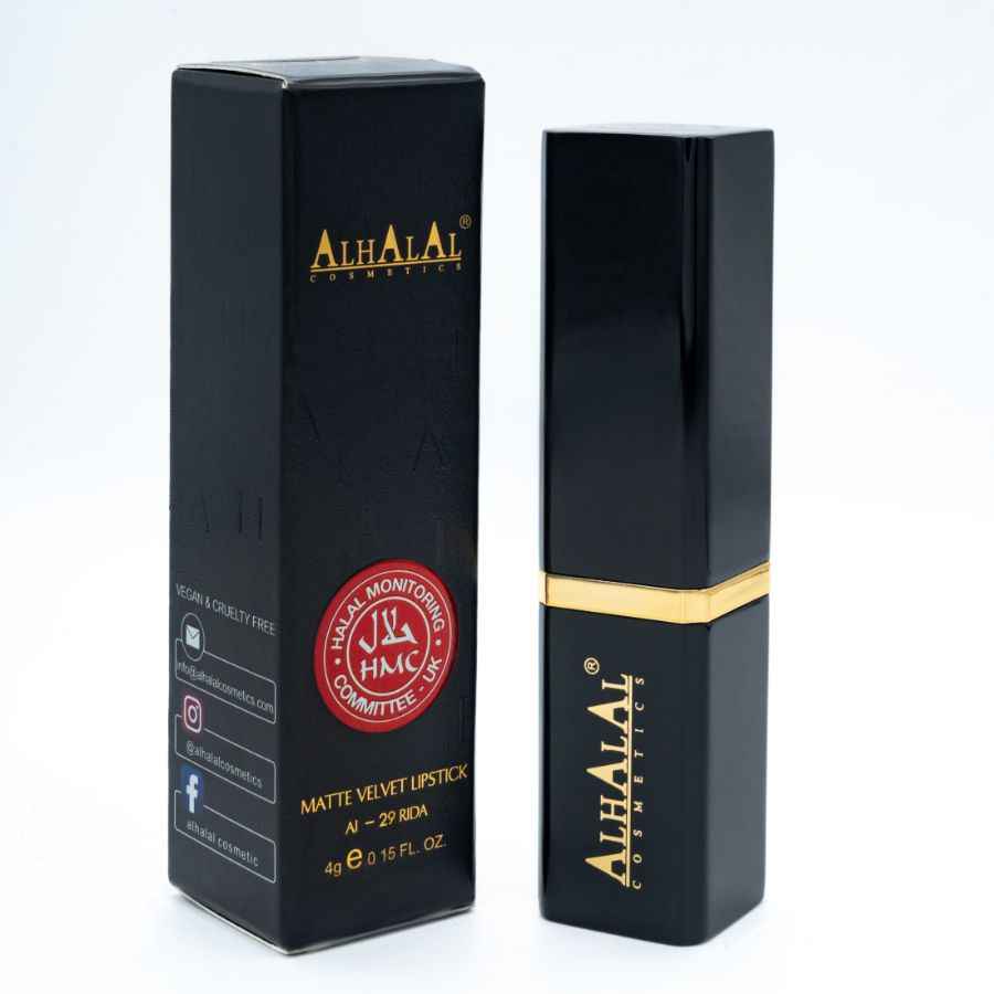 Alhalal Cosmetics Samtlippenstift an enger luxuriéiser schwaarzer Verpackung mat rouder Lëppestëftfaarf
