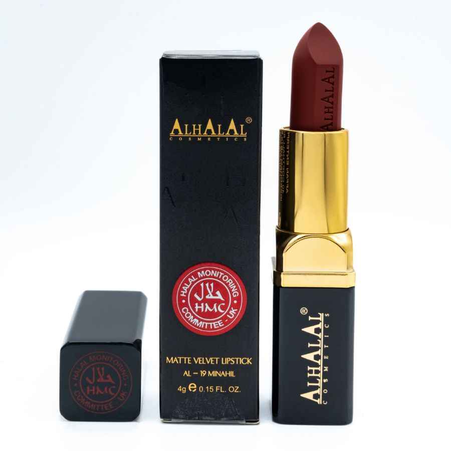 Alhalal Cosmetics matte velvet rout Lëppestëft an schwaarzer a gëllener Verpackung