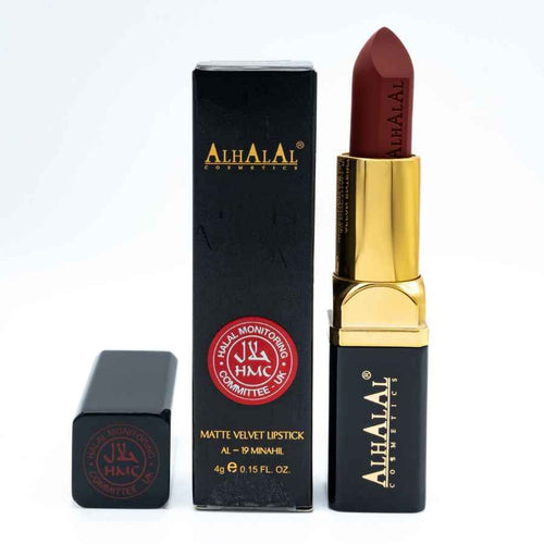Alhalal Cosmetics matte velvet rout Lëppestëft an schwaarzer a gëllener Verpackung