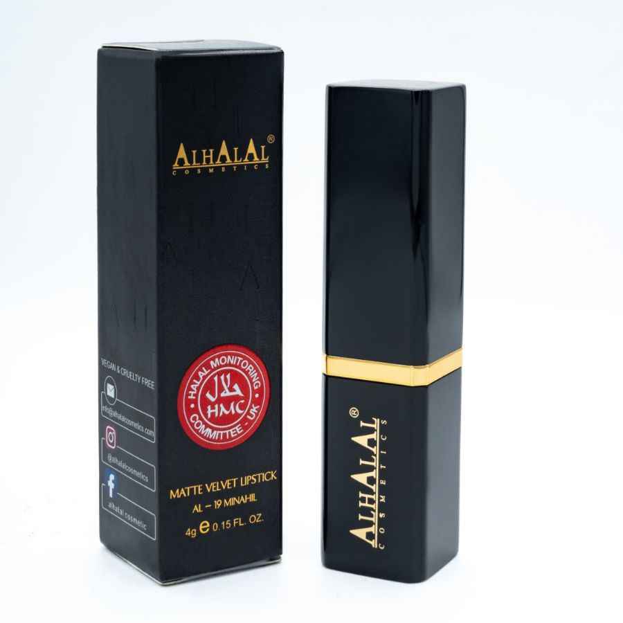 Alhalal Cosmetics Red Lipstick an enger schwaarzer matter Samtverpackung mat gëllene Akzenter