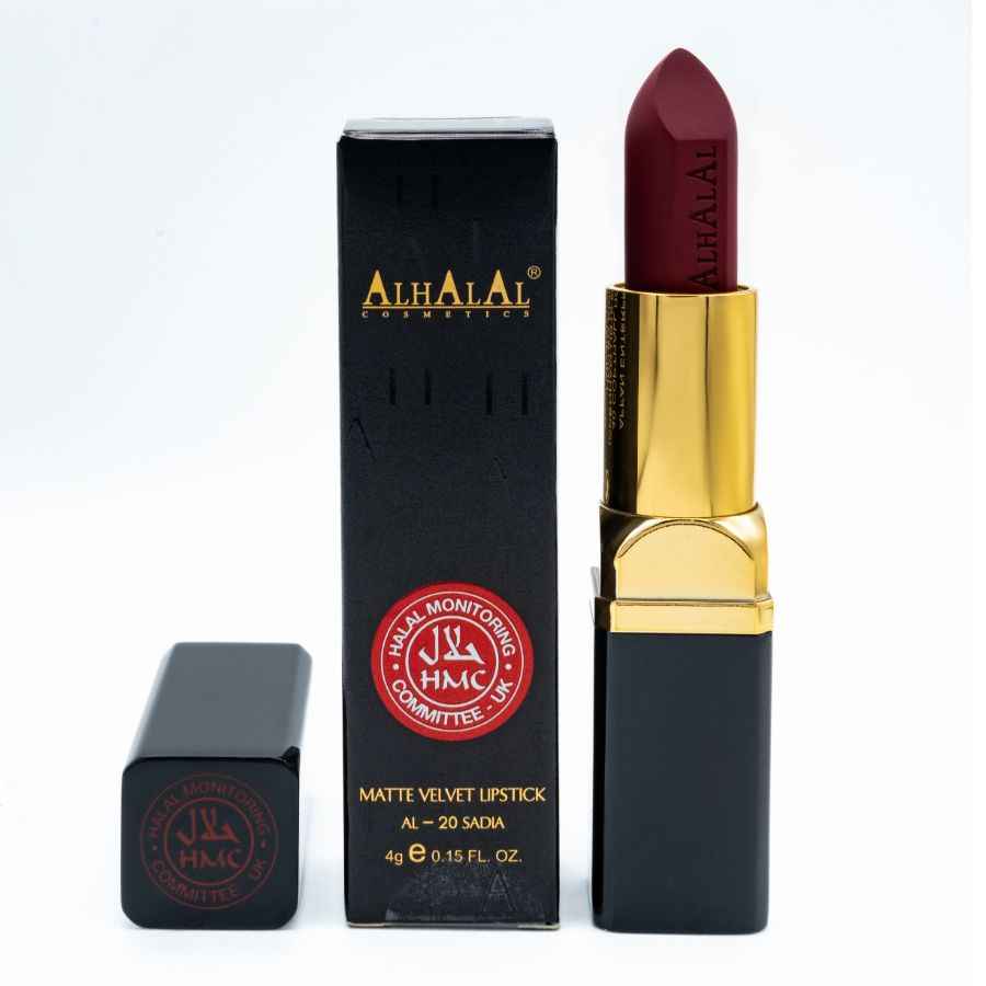Alhalal Cosmetics matte Velvet Lippenstëft an engem déif roude rosa Lippenstëftfaarf mat schwaarzer a gëllener Verpackung