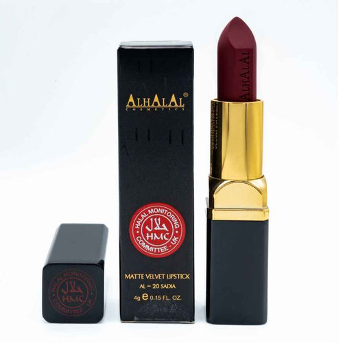 Alhalal Cosmetics matte Velvet Lippenstëft an engem déif roude rosa Lippenstëftfaarf mat schwaarzer a gëllener Verpackung