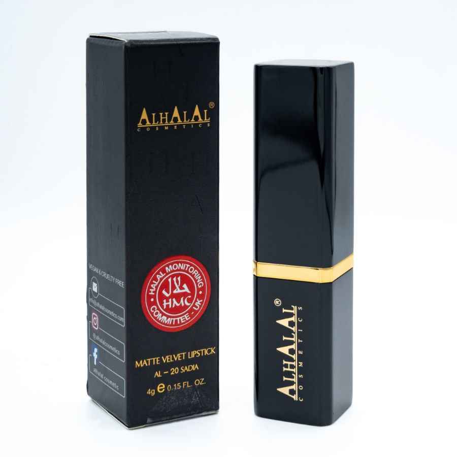 Alhalal Cosmetics Samtlippenstift an enger schwaarzer Verpackung mat der Faarf rout, rosa Lëppestëft