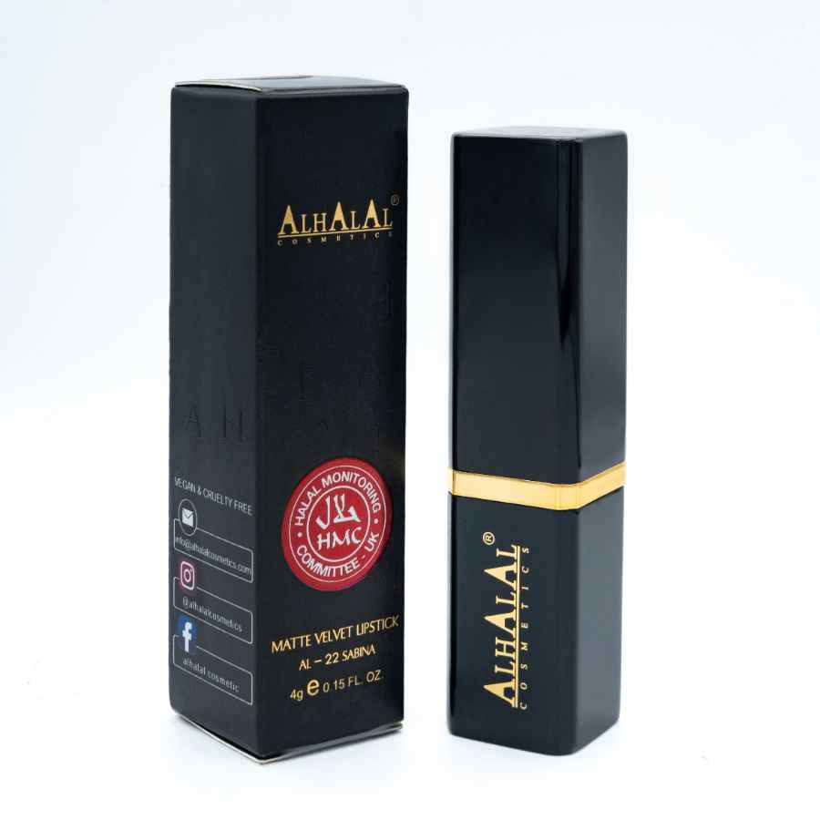 Alhalal Cosmetics matte Velvet Lippenstëft an der schwaarzer Verpackung fir eng mëll rosa Lëppestëff-Erscheinung