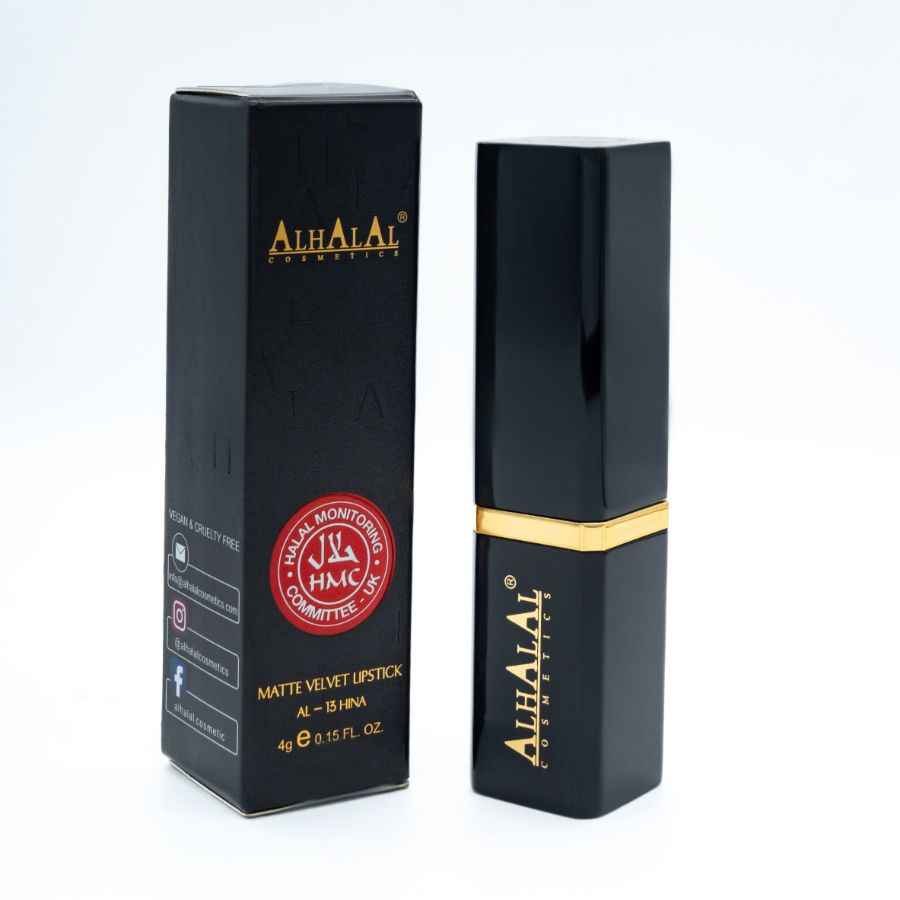 Alhalal Cosmetics schwaarz matte Samt-Lëppestëftverpakung an Ärmel mat PINK LIPSTICK