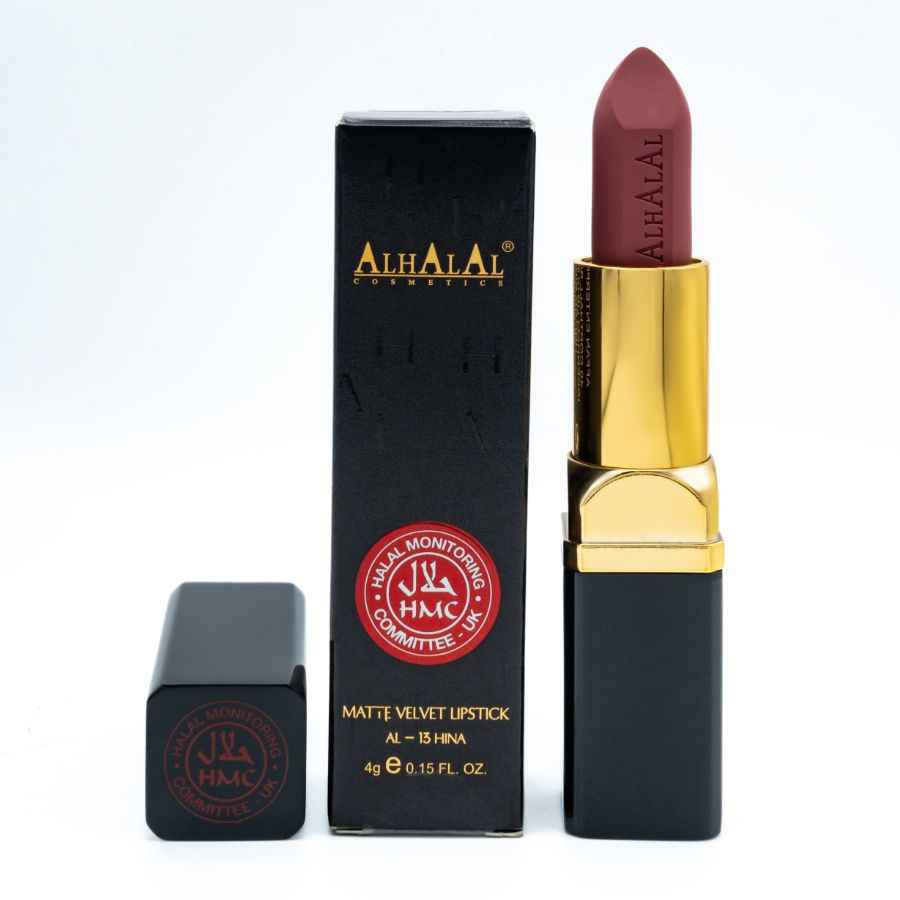 Alhalal Cosmetics rosa Lëppestëft mat mattem Samtfinish an enger luxuriéiser schwaarzer Verpackung