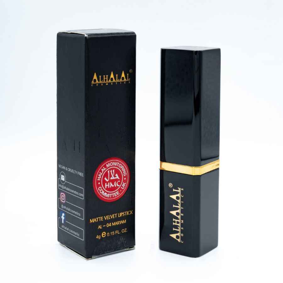 Alhalal Kosmetik matte samtrosa Lippenstëft mat schwaarzer a gëllener Verpackung